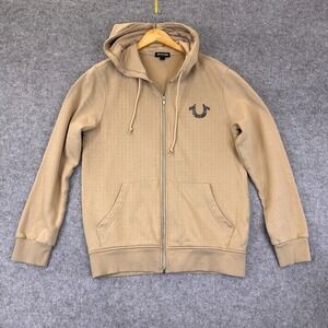 True Religion Hoodie Sweatshirt Mens M Beige Full Zip Logo Front Back